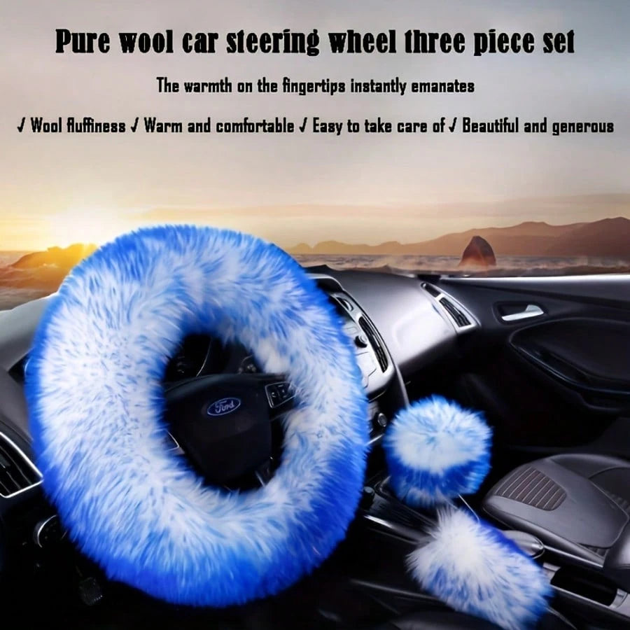 3pcs Pure Wool Steering Wheel Cover 15inch Furry Steering Wheel Protector With Hand Brake And Shift Sleeve, Universal Soft Fluffy Steering Wheel Auto Parts