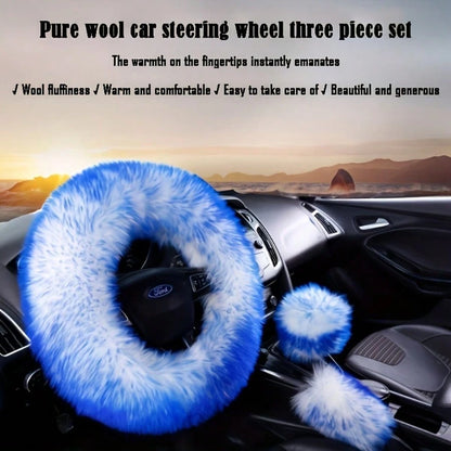 3pcs Pure Wool Steering Wheel Cover 15inch Furry Steering Wheel Protector With Hand Brake And Shift Sleeve, Universal Soft Fluffy Steering Wheel Auto Parts