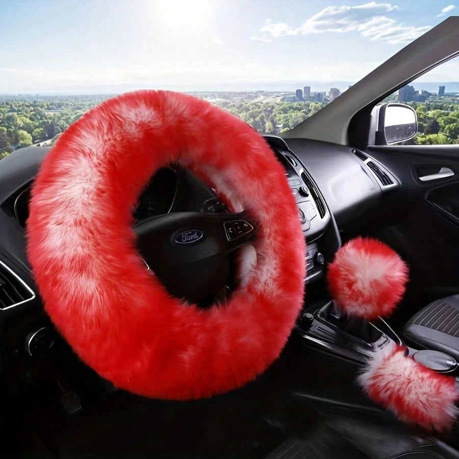 3pcs Pure Wool Steering Wheel Cover 15inch Furry Steering Wheel Protector With Hand Brake And Shift Sleeve, Universal Soft Fluffy Steering Wheel Auto Parts