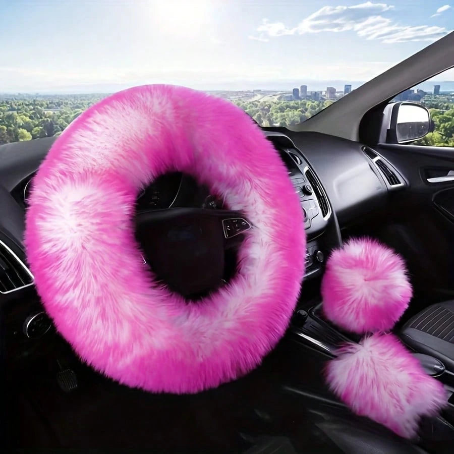 3pcs Pure Wool Steering Wheel Cover 15inch Furry Steering Wheel Protector With Hand Brake And Shift Sleeve, Universal Soft Fluffy Steering Wheel Auto Parts