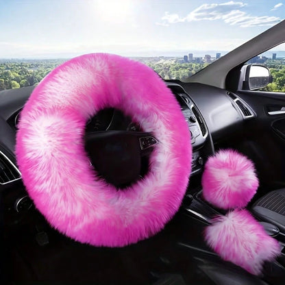 3pcs Pure Wool Steering Wheel Cover 15inch Furry Steering Wheel Protector With Hand Brake And Shift Sleeve, Universal Soft Fluffy Steering Wheel Auto Parts