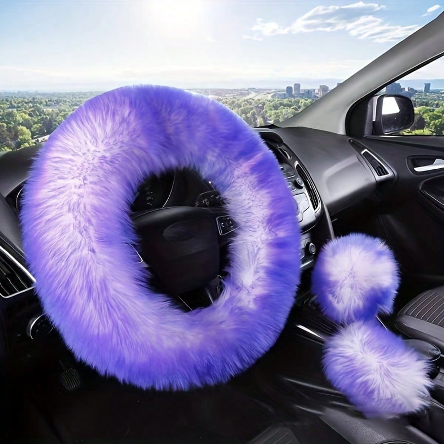 3pcs Pure Wool Steering Wheel Cover 15inch Furry Steering Wheel Protector With Hand Brake And Shift Sleeve, Universal Soft Fluffy Steering Wheel Auto Parts