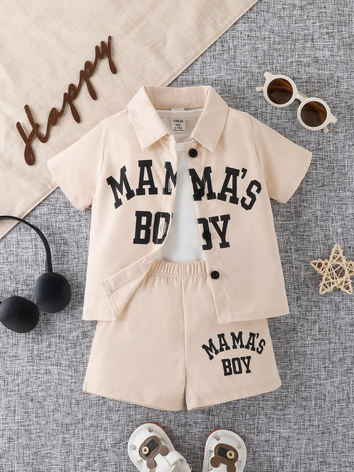 3pcs/Set Baby Boys' Letter Printed Casual Sports Shirt, Short Sleeve T-Shirt And Shorts Set For Summer