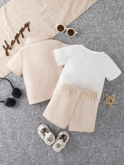 3pcs/Set Baby Boys' Letter Printed Casual Sports Shirt, Short Sleeve T-Shirt And Shorts Set For Summer