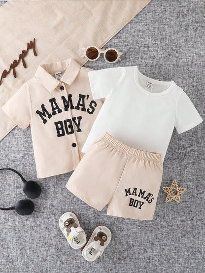 3pcs/Set Baby Boys' Letter Printed Casual Sports Shirt, Short Sleeve T-Shirt And Shorts Set For Summer