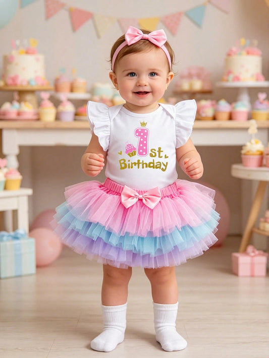 3pcs/Set Baby Girl 1st Birthday Outfit, Cartoon Letter Print Romper With Flare Sleeves, Colorful Skirt, Hair Accessory, Suitable For All Seasons