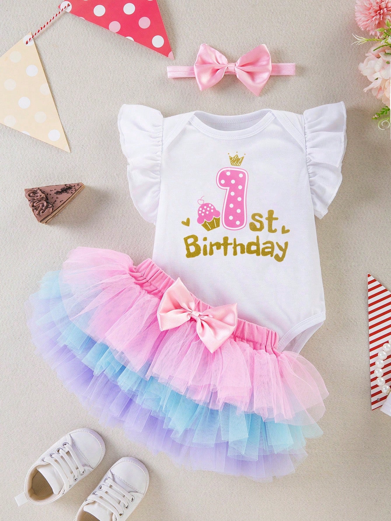 3pcs/Set Baby Girl 1st Birthday Outfit, Cartoon Letter Print Romper With Flare Sleeves, Colorful Skirt, Hair Accessory, Suitable For All Seasons