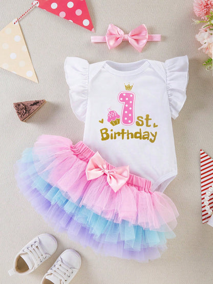 3pcs/Set Baby Girl 1st Birthday Outfit, Cartoon Letter Print Romper With Flare Sleeves, Colorful Skirt, Hair Accessory, Suitable For All Seasons