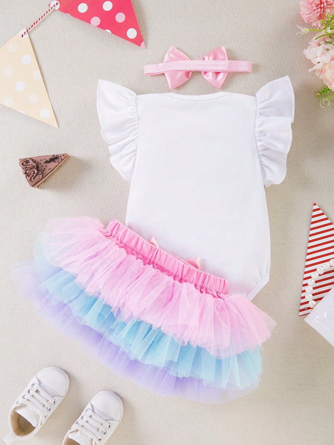3pcs/Set Baby Girl 1st Birthday Outfit, Cartoon Letter Print Romper With Flare Sleeves, Colorful Skirt, Hair Accessory, Suitable For All Seasons