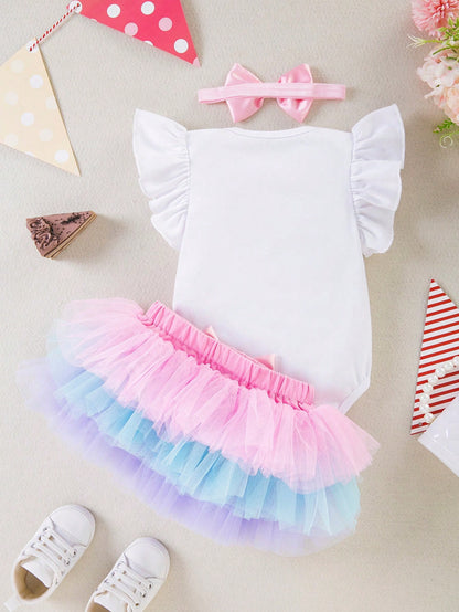 3pcs/Set Baby Girl 1st Birthday Outfit, Cartoon Letter Print Romper With Flare Sleeves, Colorful Skirt, Hair Accessory, Suitable For All Seasons