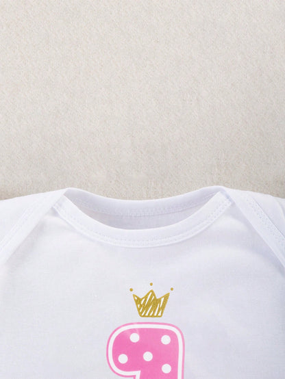 3pcs/Set Baby Girl 1st Birthday Outfit, Cartoon Letter Print Romper With Flare Sleeves, Colorful Skirt, Hair Accessory, Suitable For All Seasons