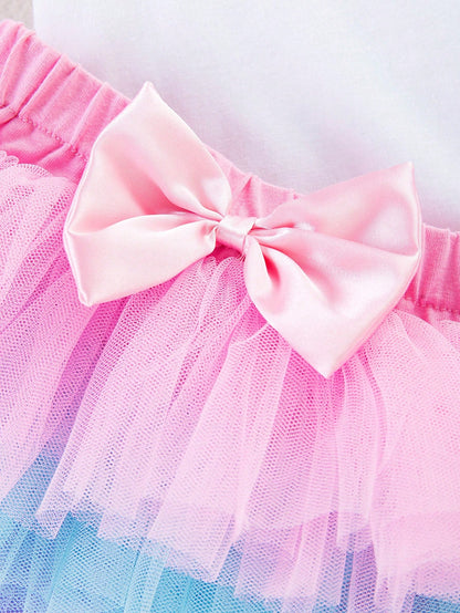 3pcs/Set Baby Girl 1st Birthday Outfit, Cartoon Letter Print Romper With Flare Sleeves, Colorful Skirt, Hair Accessory, Suitable For All Seasons