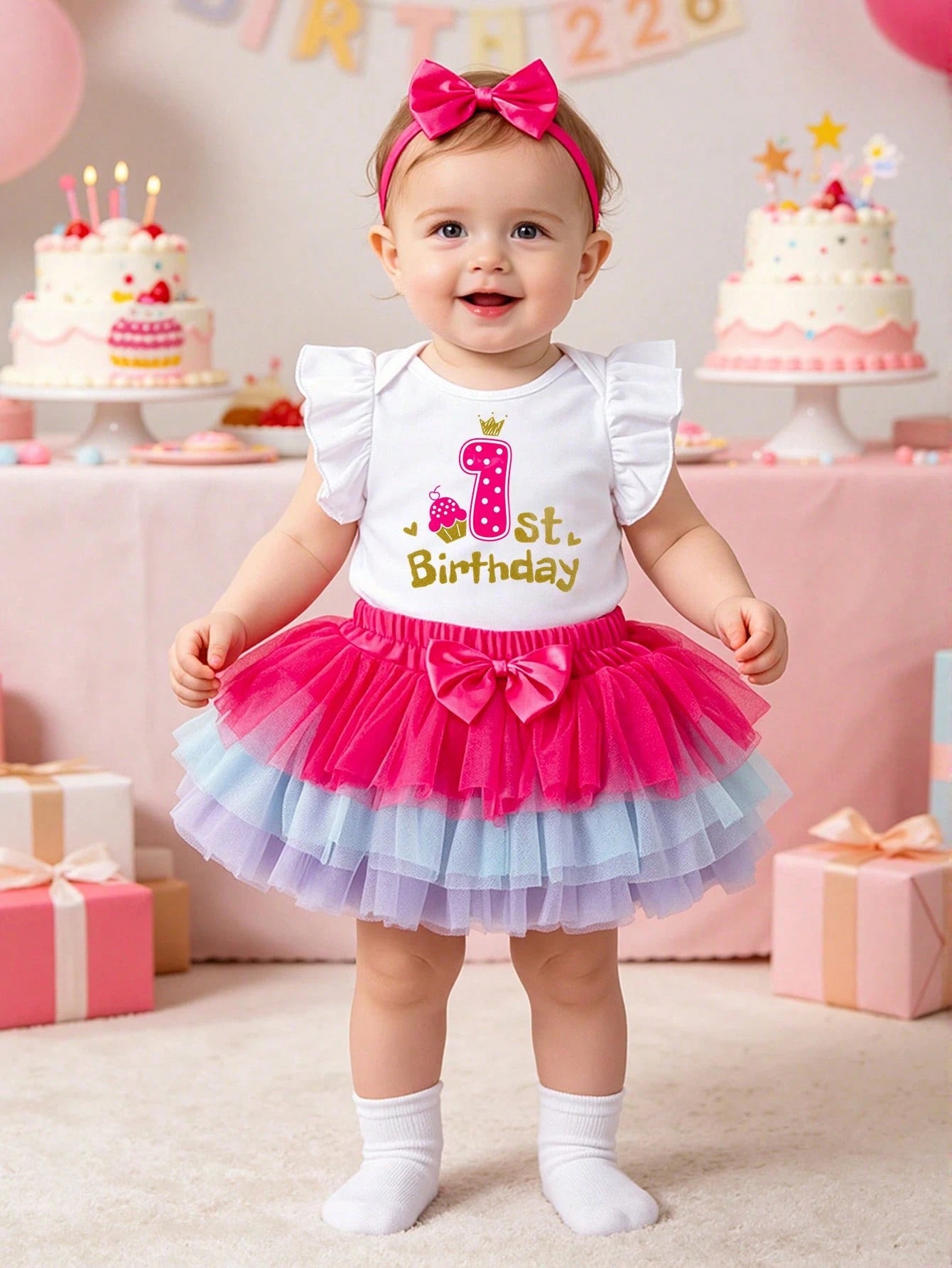 3pcs/Set Baby Girl 1st Birthday Outfit, Cartoon Letter Print Romper With Flare Sleeves, Colorful Skirt, Hair Accessory, Suitable For All Seasons
