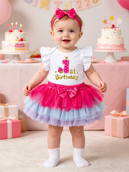 3pcs/Set Baby Girl 1st Birthday Outfit, Cartoon Letter Print Romper With Flare Sleeves, Colorful Skirt, Hair Accessory, Suitable For All Seasons