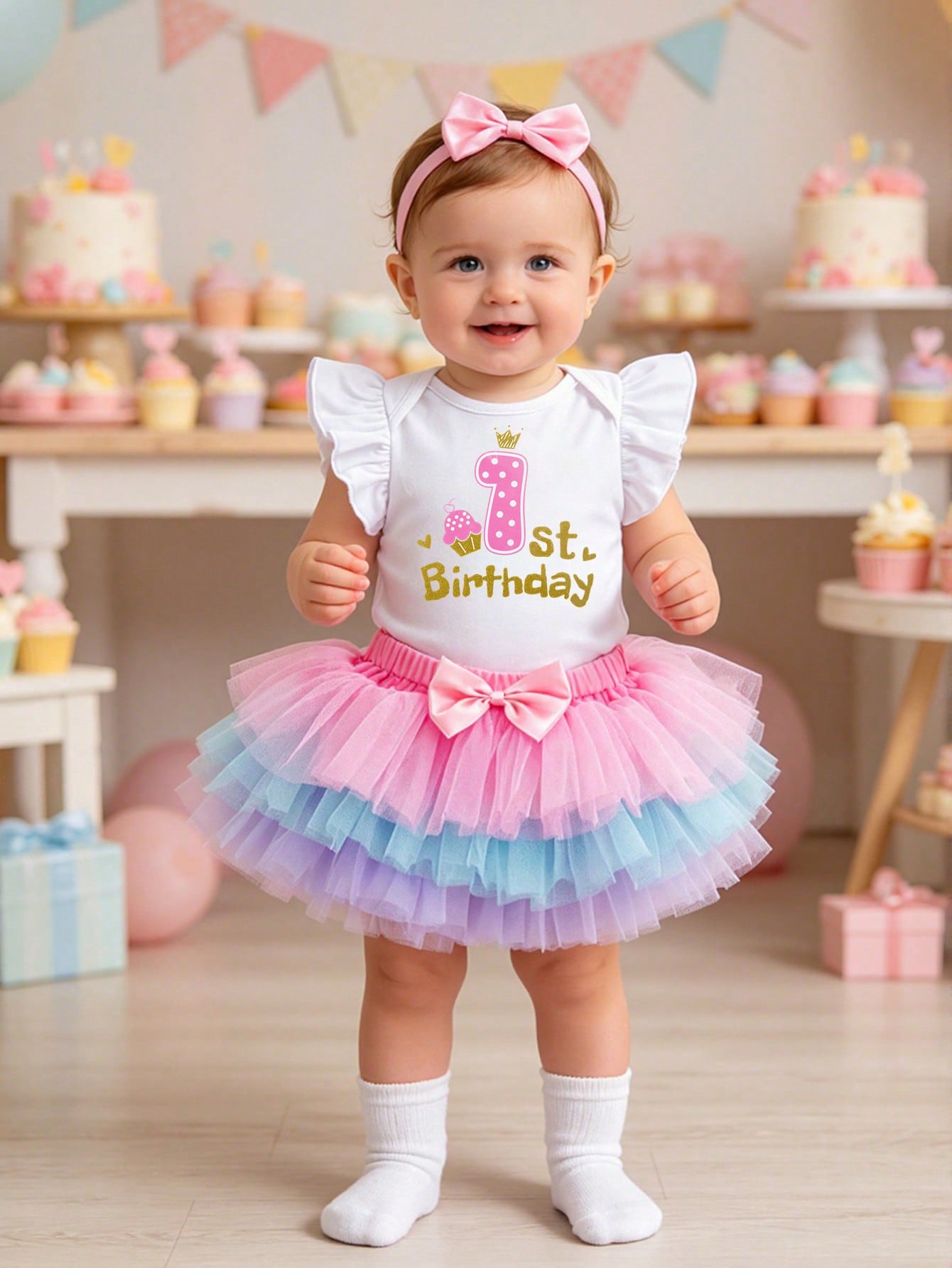 3pcs/Set Baby Girl 1st Birthday Outfit, Cartoon Letter Print Romper With Flare Sleeves, Colorful Skirt, Hair Accessory, Suitable For All Seasons
