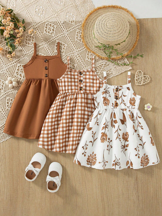 3pcs/Set Baby Girls' Floral Print Cami Dress + Solid Color Button Cami Dress + Plaid Print Button Patchwork Cami Dress