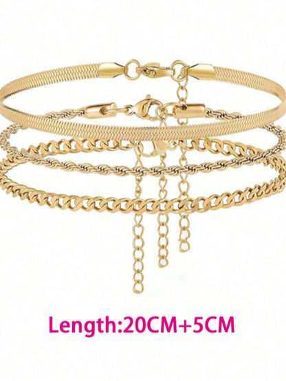 3pcs/Set Fashionable Snake Chain, Braided Chain Anklet Set, Suitable As Gifts For Friends