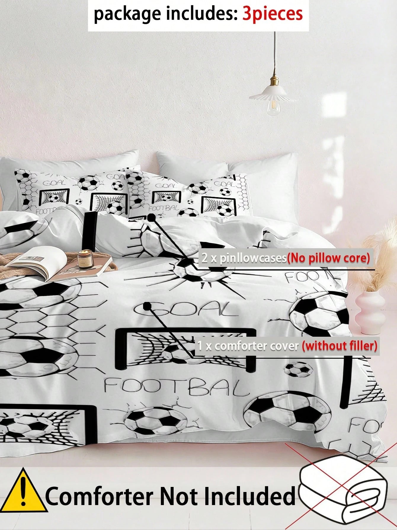 3pcs Soccer Sports Themed Bedding Set (1 Duvet Cover + 2 Pillowcases, Without Comforter/Pillow), Soft & Comfortable For Bedroom, Guest Room, Dorm, Available In Super King, King, Queen, Twin Sizes. Rem