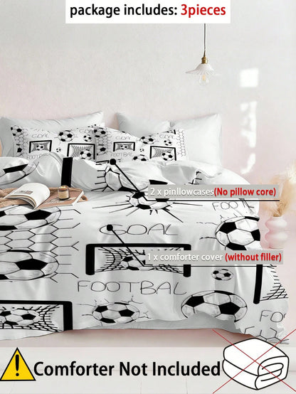 3pcs Soccer Sports Themed Bedding Set (1 Duvet Cover + 2 Pillowcases, Without Comforter/Pillow), Soft & Comfortable For Bedroom, Guest Room, Dorm, Available In Super King, King, Queen, Twin Sizes. Rem