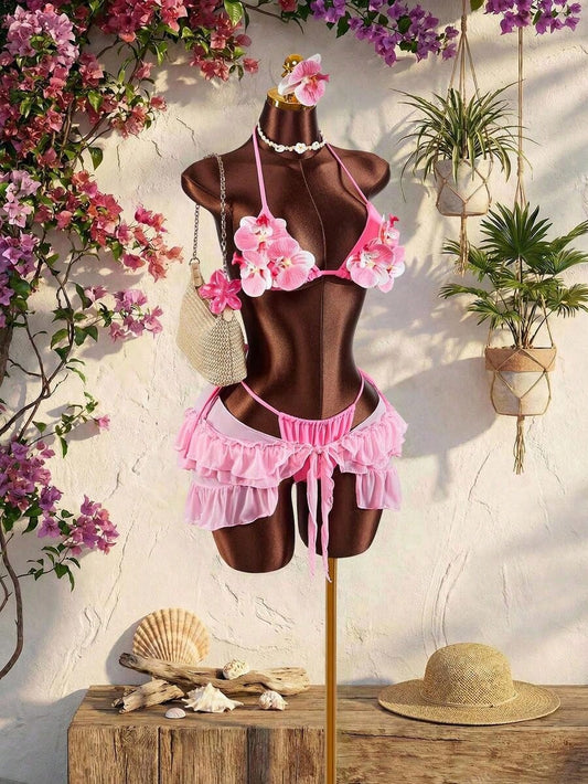3pcs Women's Swimwear Set With 3D Floral Cups, Butterfly Orchid Cups Paired With Solid Color Lining And Ruffle Hem Cover-Up With Front Tie Beach Vacation Outfits For Women