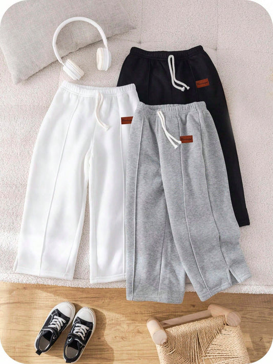 3pcs Young Boy Casual Cute Daily Comfortable Classic Black White Grey Loose Straight Pants Set,Back-To-School,School,Autumn/Winter,Fall Clothes