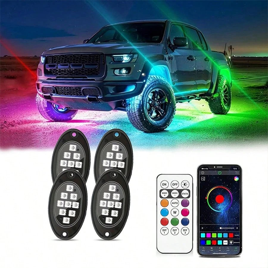 4/8/10pcs RGB LED Rock Lights For Truck Wired Atmosphere Lights Golf Cart ATV UTV RZR SUV Offroad Pickup, Multicolor Underglow Kit For Car With APP Music Mode, Underbody Neon Light Vehicle Underneath