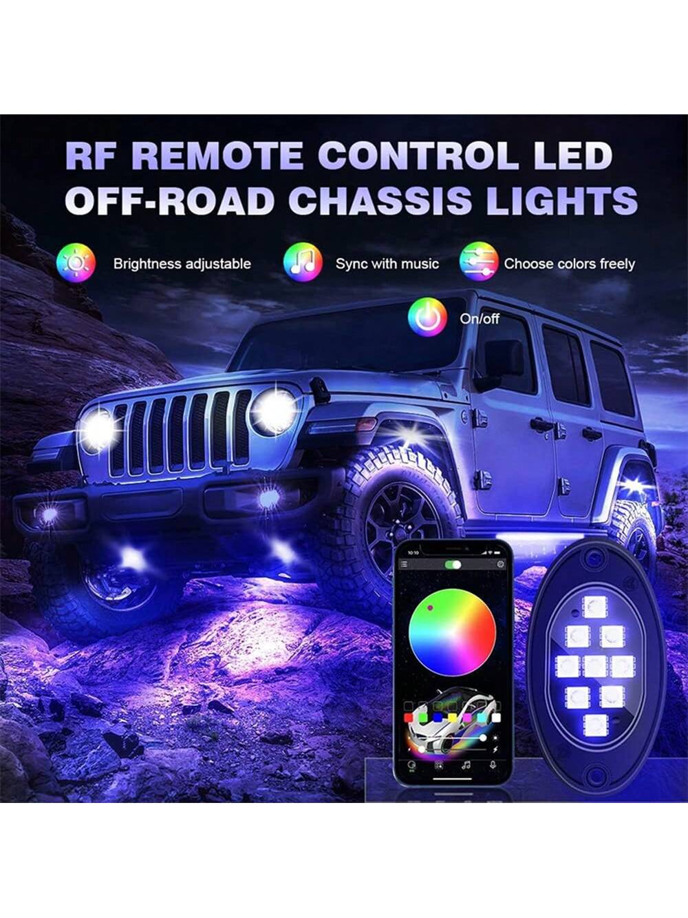 4/8/10pcs RGB LED Rock Lights For Truck Wired Atmosphere Lights Golf Cart ATV UTV RZR SUV Offroad Pickup, Multicolor Underglow Kit For Car With APP Music Mode, Underbody Neon Light Vehicle Underneath