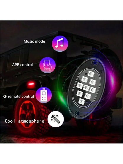 4/8/10pcs RGB LED Rock Lights For Truck Wired Atmosphere Lights Golf Cart ATV UTV RZR SUV Offroad Pickup, Multicolor Underglow Kit For Car With APP Music Mode, Underbody Neon Light Vehicle Underneath