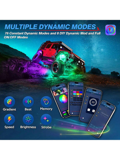 4/8/10pcs RGB LED Rock Lights For Truck Wired Atmosphere Lights Golf Cart ATV UTV RZR SUV Offroad Pickup, Multicolor Underglow Kit For Car With APP Music Mode, Underbody Neon Light Vehicle Underneath
