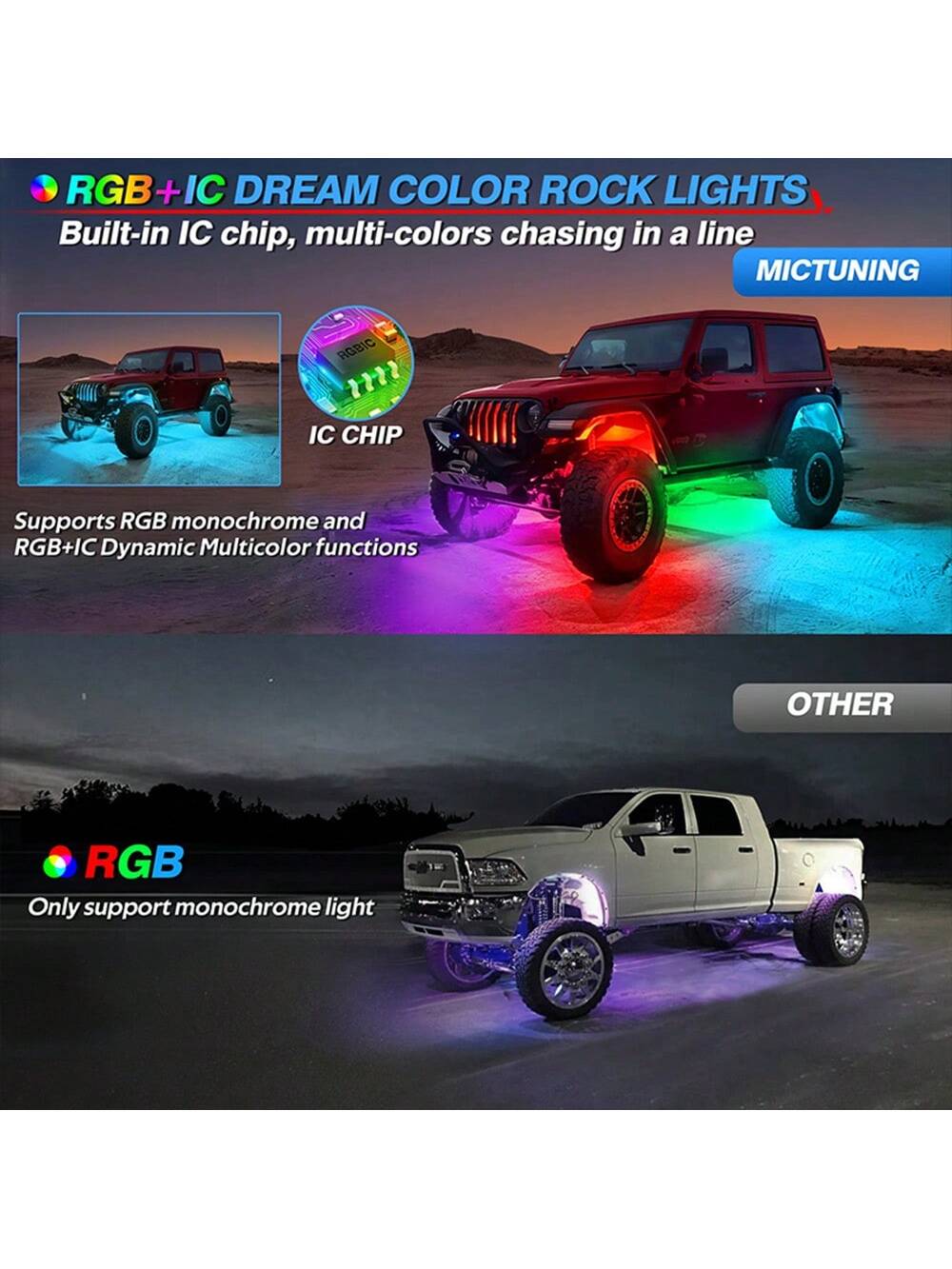 4/8/10pcs RGB LED Rock Lights For Truck Wired Atmosphere Lights Golf Cart ATV UTV RZR SUV Offroad Pickup, Multicolor Underglow Kit For Car With APP Music Mode, Underbody Neon Light Vehicle Underneath