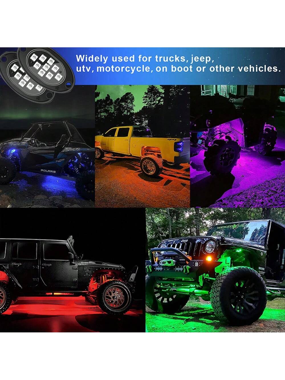 4/8/10pcs RGB LED Rock Lights For Truck Wired Atmosphere Lights Golf Cart ATV UTV RZR SUV Offroad Pickup, Multicolor Underglow Kit For Car With APP Music Mode, Underbody Neon Light Vehicle Underneath