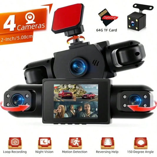 4 Channel 360° Dash Cam Front And Rear Inside Left Right, Dash Camera For Cars, 4 Camera Vehicle Recorder, 3.16" IPS Screen, Night Vision, Motion Detection, Loop Recording, Wide Angle Security Cam