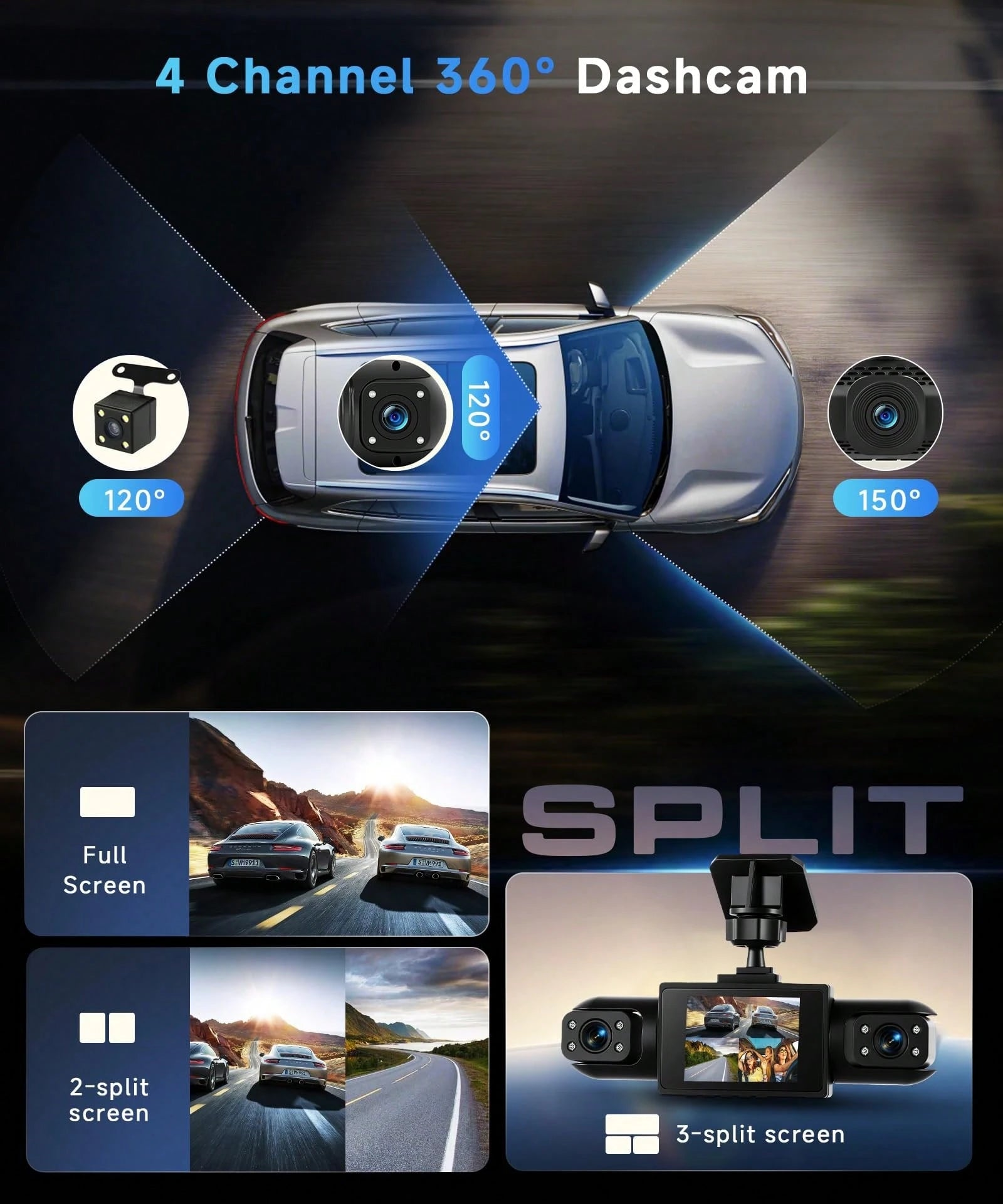 4 Channel 360° Dash Cam Front And Rear Inside Left Right, Dash Camera For Cars, 4 Camera Vehicle Recorder, 3.16" IPS Screen, Night Vision, Motion Detection, Loop Recording, Wide Angle Security Cam