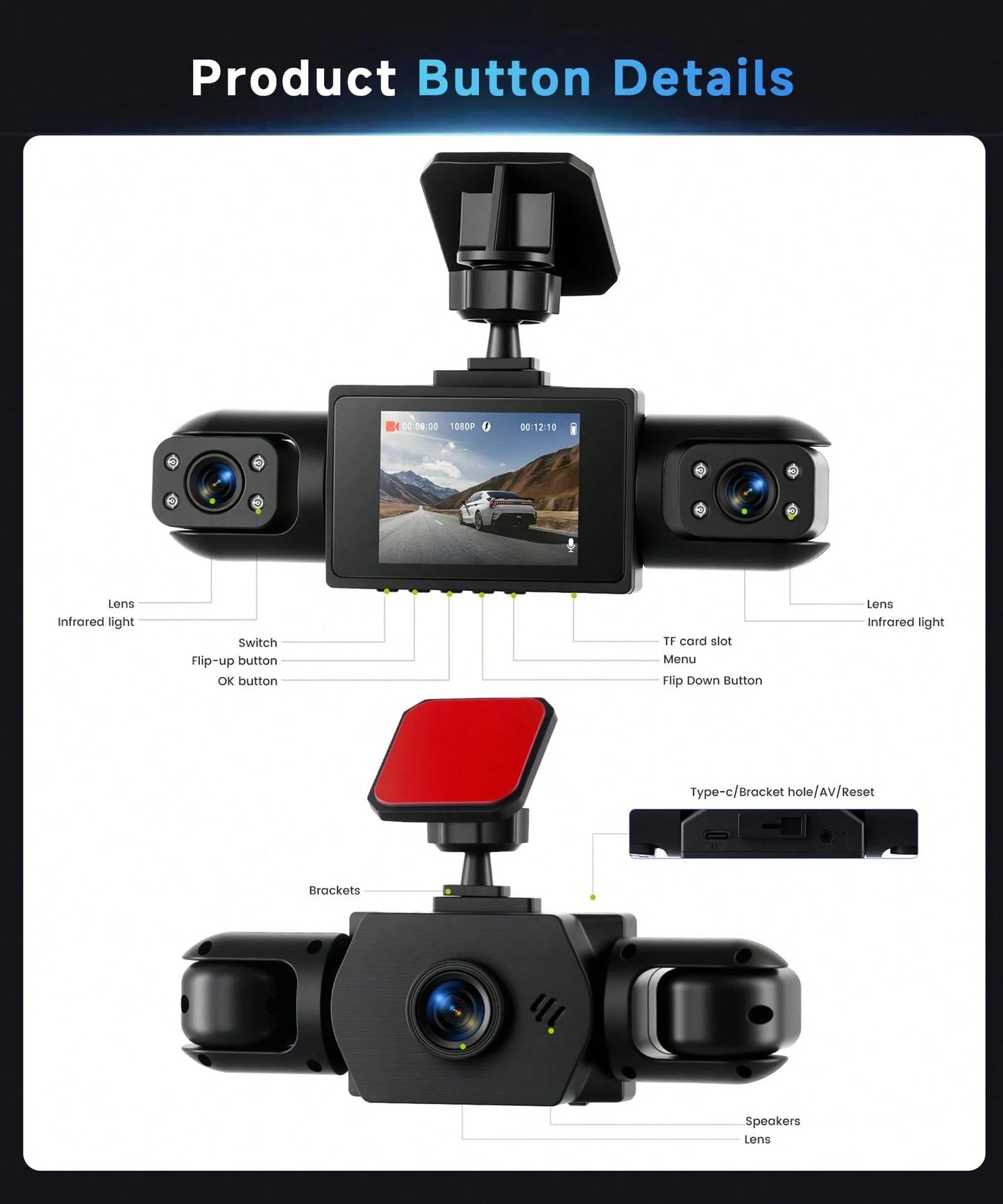 4 Channel 360° Dash Cam Front And Rear Inside Left Right, Dash Camera For Cars, 4 Camera Vehicle Recorder, 3.16" IPS Screen, Night Vision, Motion Detection, Loop Recording, Wide Angle Security Cam