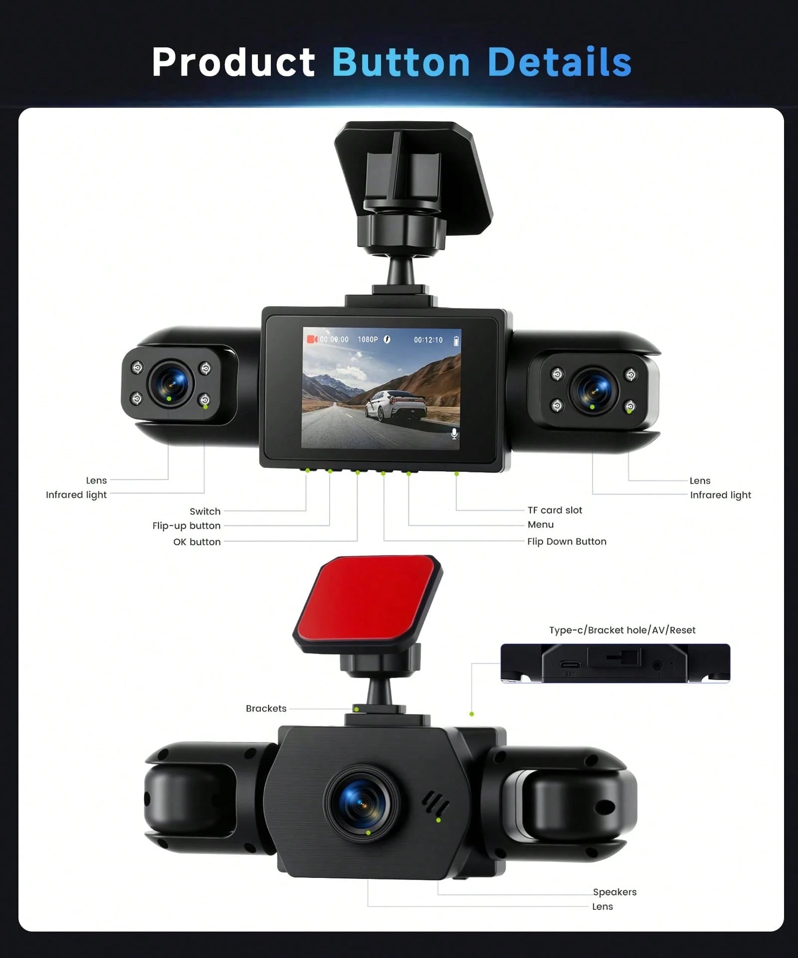 4 Channel 360° Dash Cam Front And Rear Inside Left Right, Dash Camera For Cars, 4 Camera Vehicle Recorder, 3.16" IPS Screen, Night Vision, Motion Detection, Loop Recording, Wide Angle Security Cam