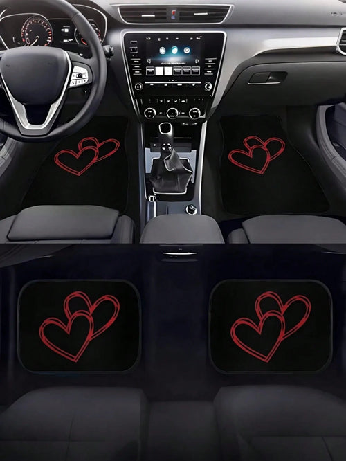 4 Packs Car Floor Mats With Red Heart Design, Universal Car Floor Mats, Car Interior Decoration & Accessories