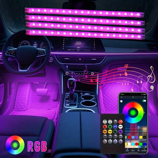 4 Pcs Car Interior Atmosphere Lights Modified Car Color Base Lights, 22.5cm/8.86inch, App Application And Remote Control, With Music Sync Function, Decorative LED Music Rhythm Lights, No Batteries