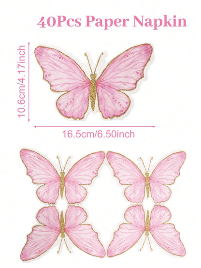 40pcs Pink Butterfly Pattern Disposable Paper Napkins, Pink Butterfly Themed Napkins Suitable For Butterfly Themed Birthday Party Decoration, Wedding Decoration, Baby Shower Decoration, Home Decor, Ta