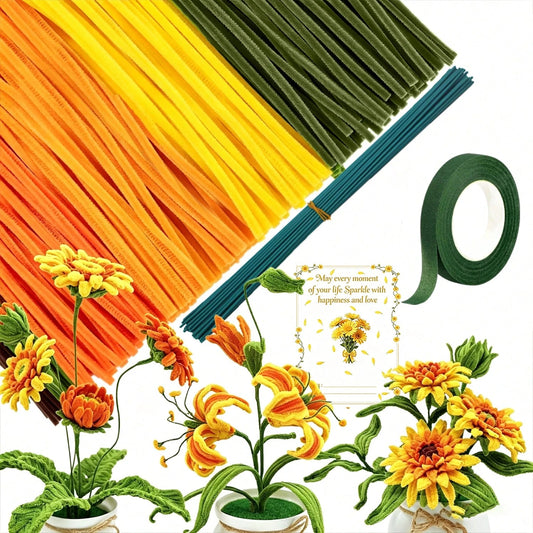 423Pcs Multi-Color Pipe Cleaner Flower Bouquet DIY Kit, Soft Fuzzy Chenille Stems Craft Supplies, 400 Assorted Pipe Cleaners, Floral Stems, Floral Tape, Step-By-Step Guide & Tutorial Video, Beginner H