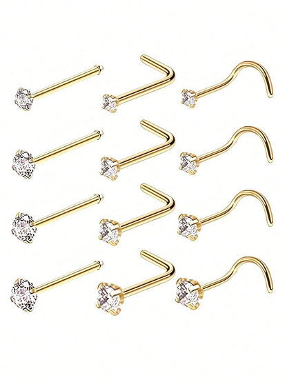 4pcs 1.5/2/2.5/3mm Shiny Cubic Zirconia Nose Piercing Jewelry, L-Shaped Nose/Ear Piercing Jewelry, 18K Gold Plated Claw Set Zirconia Nose Rings, Fashionable Body Piercing Jewelry For Women Daily Wear
