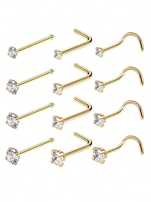 4pcs 1.5/2/2.5/3mm Shiny Cubic Zirconia Nose Piercing Jewelry, L-Shaped Nose/Ear Piercing Jewelry, 18K Gold Plated Claw Set Zirconia Nose Rings, Fashionable Body Piercing Jewelry For Women Daily Wear