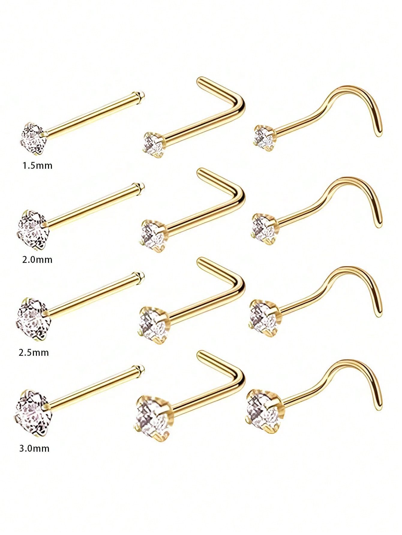 4pcs 1.5/2/2.5/3mm Shiny Cubic Zirconia Nose Piercing Jewelry, L-Shaped Nose/Ear Piercing Jewelry, 18K Gold Plated Claw Set Zirconia Nose Rings, Fashionable Body Piercing Jewelry For Women Daily Wear