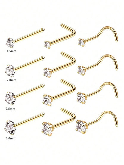 4pcs 1.5/2/2.5/3mm Shiny Cubic Zirconia Nose Piercing Jewelry, L-Shaped Nose/Ear Piercing Jewelry, 18K Gold Plated Claw Set Zirconia Nose Rings, Fashionable Body Piercing Jewelry For Women Daily Wear