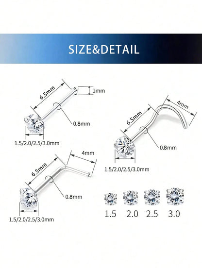 4pcs 1.5/2/2.5/3mm Shiny Cubic Zirconia Nose Piercing Jewelry, L-Shaped Nose/Ear Piercing Jewelry, 18K Gold Plated Claw Set Zirconia Nose Rings, Fashionable Body Piercing Jewelry For Women Daily Wear