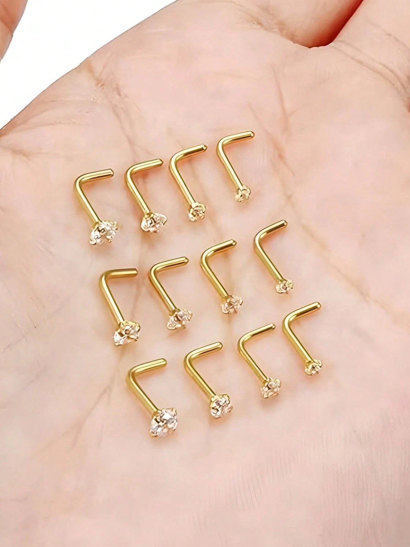 4pcs 1.5/2/2.5/3mm Shiny Cubic Zirconia Nose Piercing Jewelry, L-Shaped Nose/Ear Piercing Jewelry, 18K Gold Plated Claw Set Zirconia Nose Rings, Fashionable Body Piercing Jewelry For Women Daily Wear