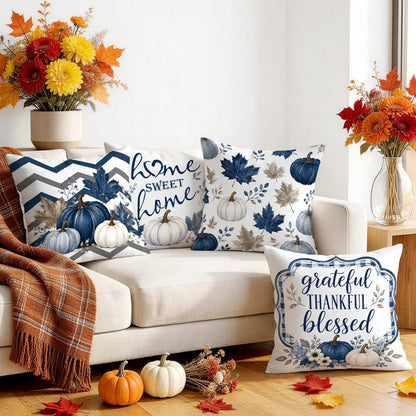 4pcs/1pc Blue Pumpkin Maple Leaf Thanksgiving Pattern Pillow Covers, Single-Sided Printed Pillow Covers, Suitable For Living Room Bedroom Home Decor, All Season Pillow Covers