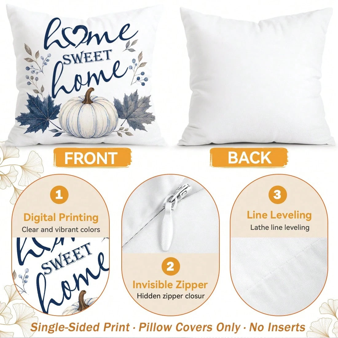 4pcs/1pc Blue Pumpkin Maple Leaf Thanksgiving Pattern Pillow Covers, Single-Sided Printed Pillow Covers, Suitable For Living Room Bedroom Home Decor, All Season Pillow Covers