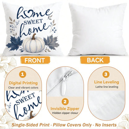 4pcs/1pc Blue Pumpkin Maple Leaf Thanksgiving Pattern Pillow Covers, Single-Sided Printed Pillow Covers, Suitable For Living Room Bedroom Home Decor, All Season Pillow Covers
