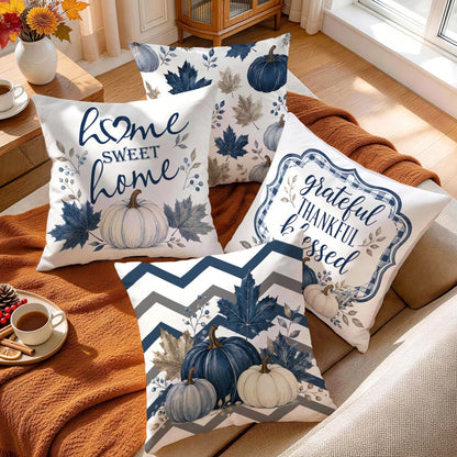 4pcs/1pc Blue Pumpkin Maple Leaf Thanksgiving Pattern Pillow Covers, Single-Sided Printed Pillow Covers, Suitable For Living Room Bedroom Home Decor, All Season Pillow Covers