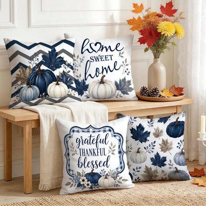 4pcs/1pc Blue Pumpkin Maple Leaf Thanksgiving Pattern Pillow Covers, Single-Sided Printed Pillow Covers, Suitable For Living Room Bedroom Home Decor, All Season Pillow Covers